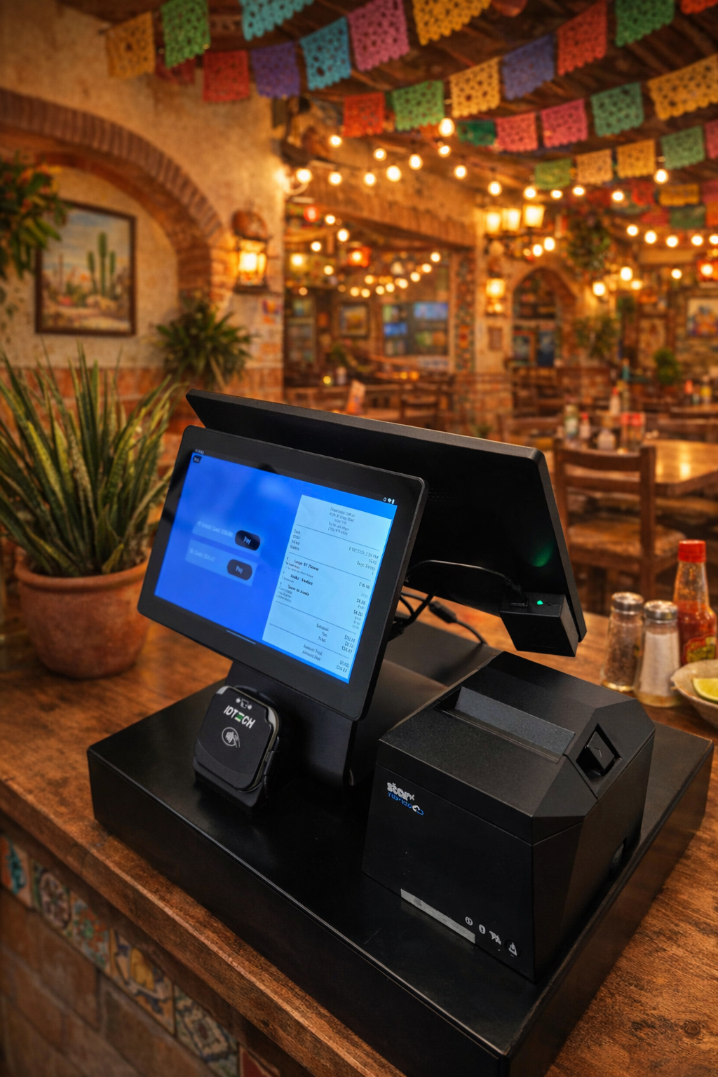 Diner Daddy dual-screen POS with card reader and thermal printer in a full-service restaurant