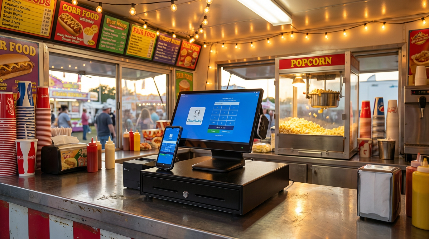 Diner Daddy POS with cash drawer and handheld at a fair food concession stand