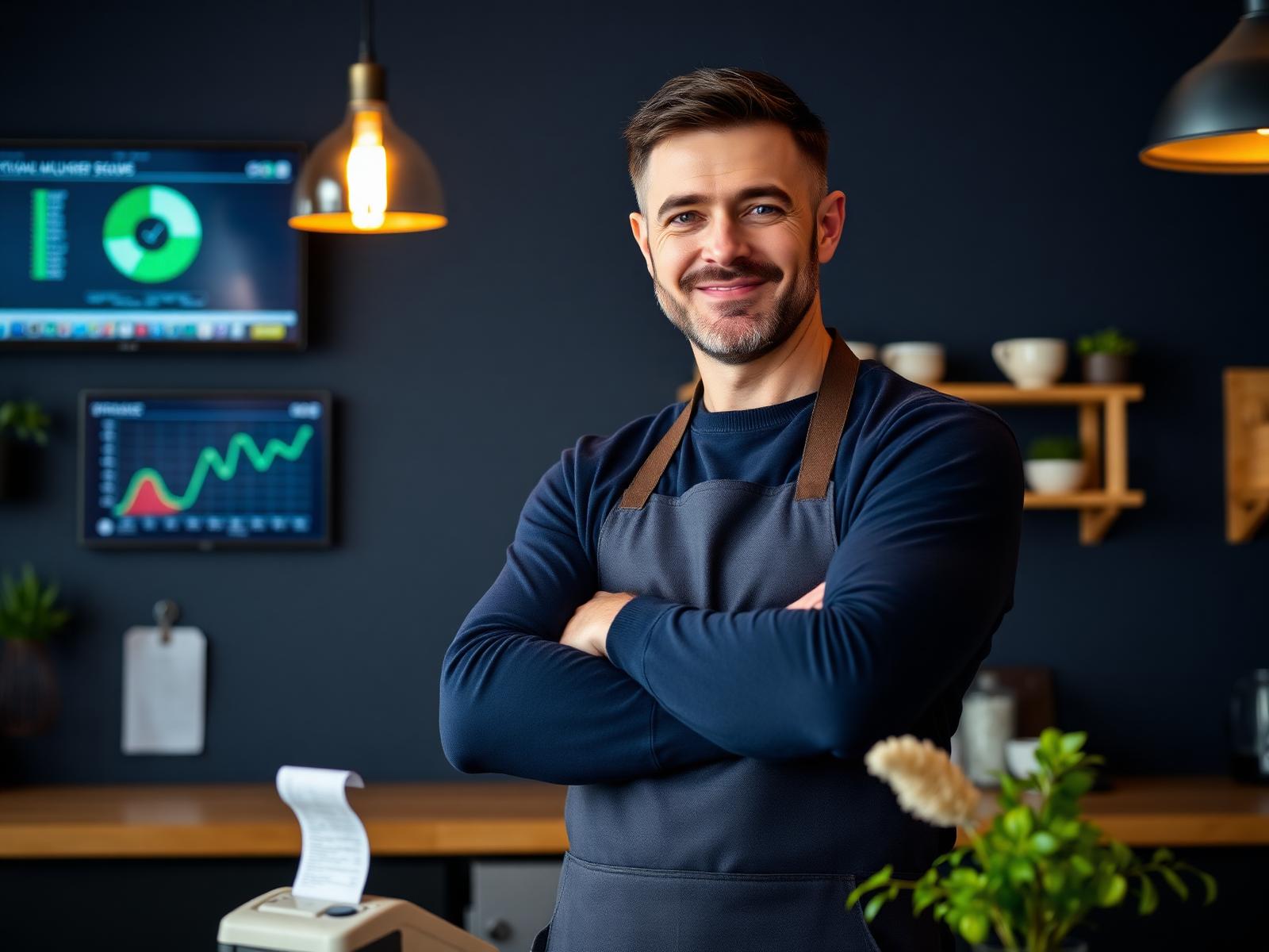 Confident small business owner behind the counter
